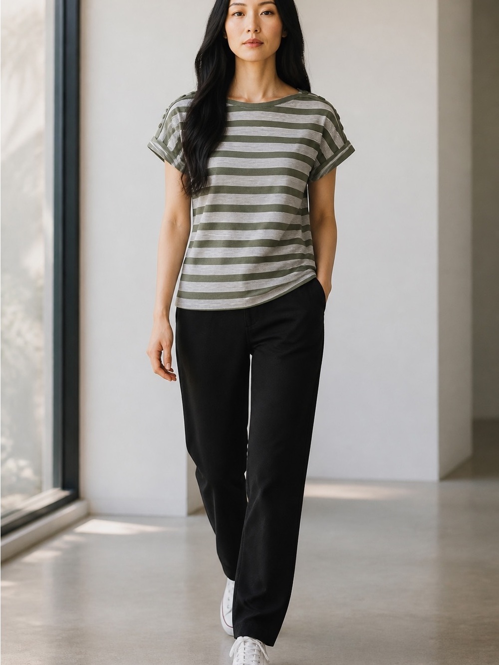 Talbots Button Shoulder T-shirt Women’s M Boat Neck Cap Sleeves Green Striped